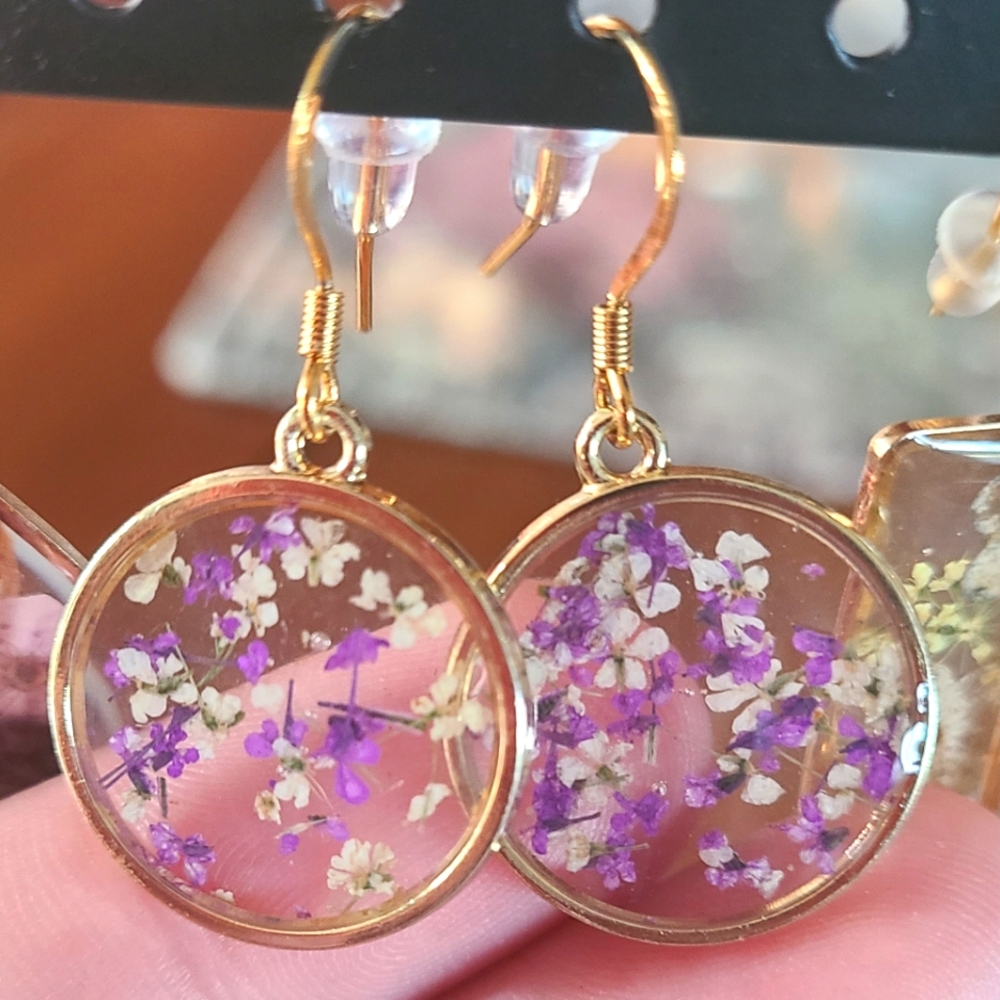 Purple Pressed Flower Circle Earrings